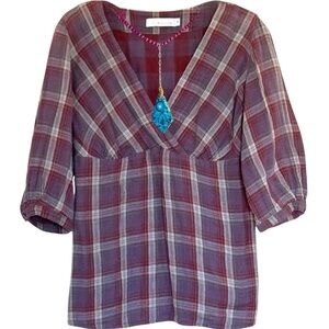 Cut Loose Burgundy and Gray Crinkle Lightweight Flannel Plaid Top Size Medium
